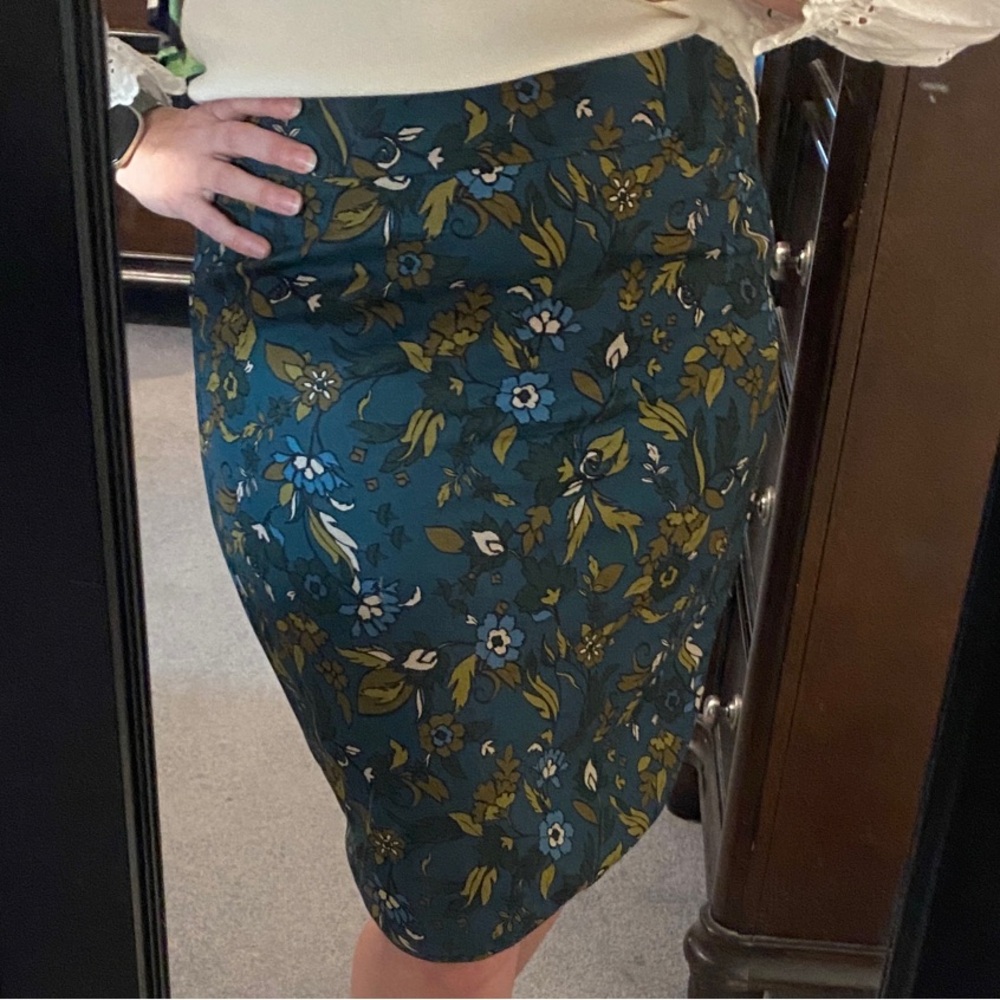 Ann Taylor LOFT Teal and Olive Floral Pencil Skirt